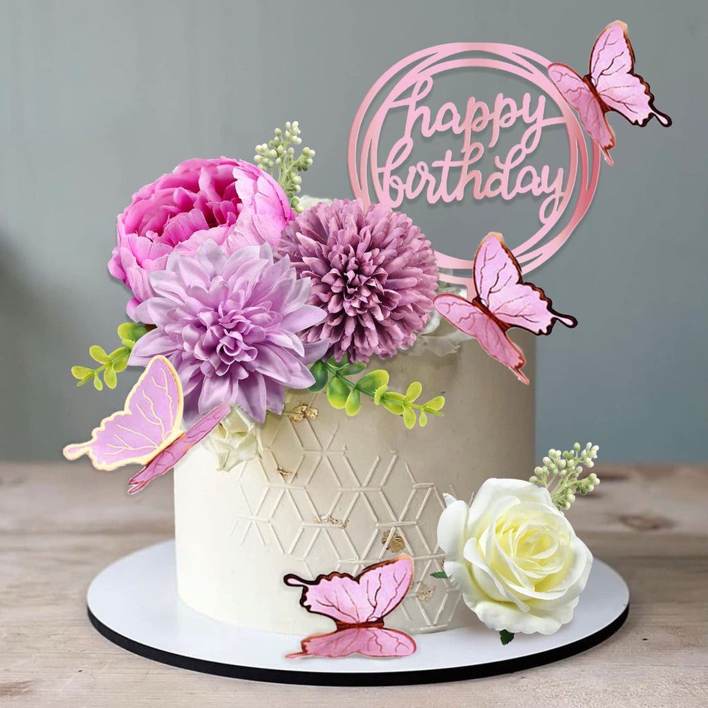 BANBALLON 14 Pcs Butterfly Cake Toppers with Purple Flowers – Happy Birthday & Event Decor