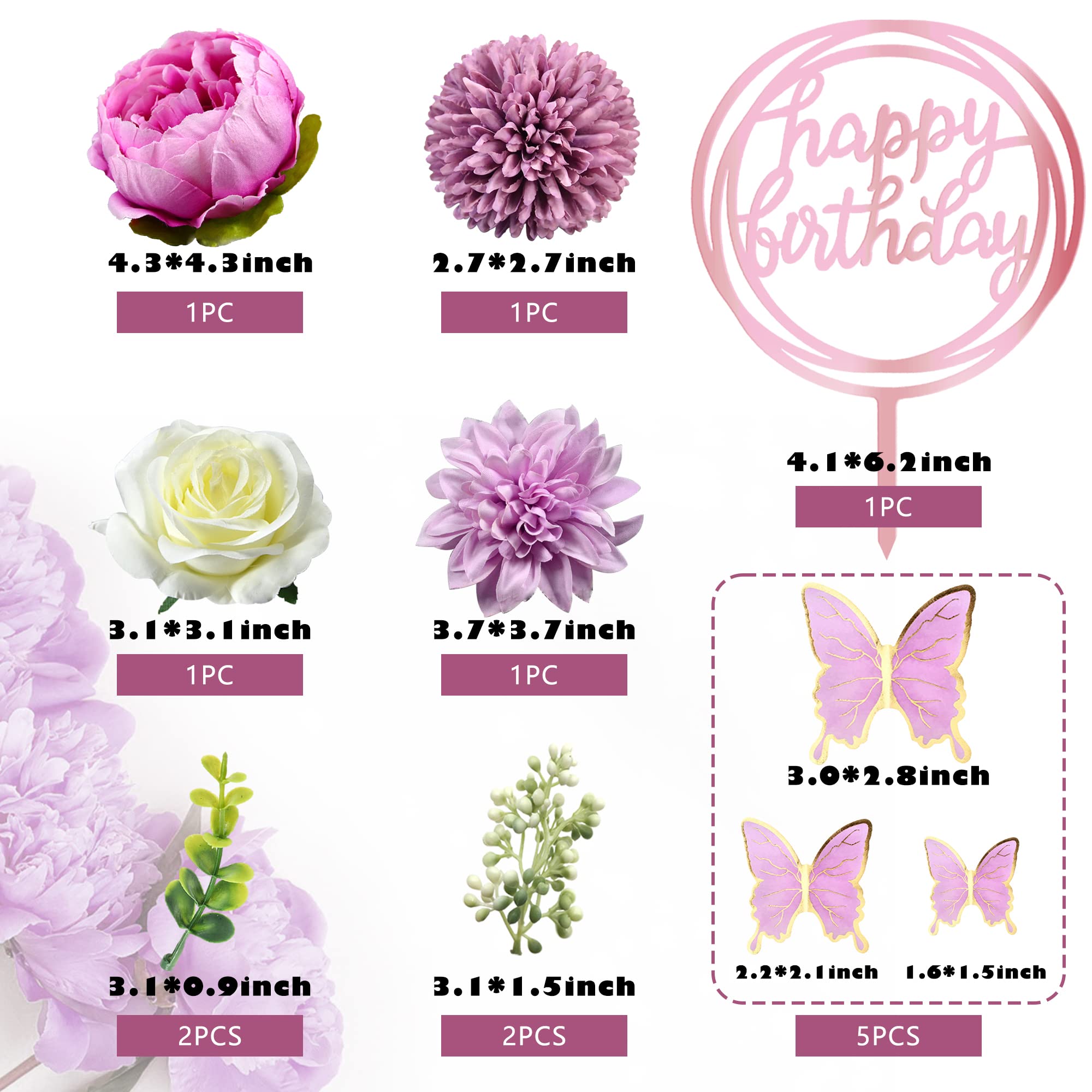 BANBALLON 14 Pcs Butterfly Cake Toppers with Purple Flowers – Happy Birthday & Event Decor