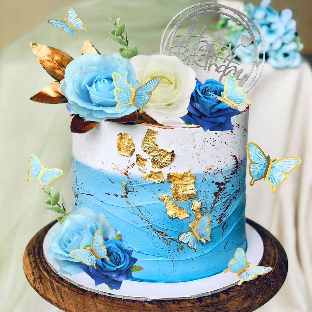 BANBALLON 19 PCS Flower Cake Toppers – Butterfly Happy Birthday Decor with Blue Roses & Eucalyptus
