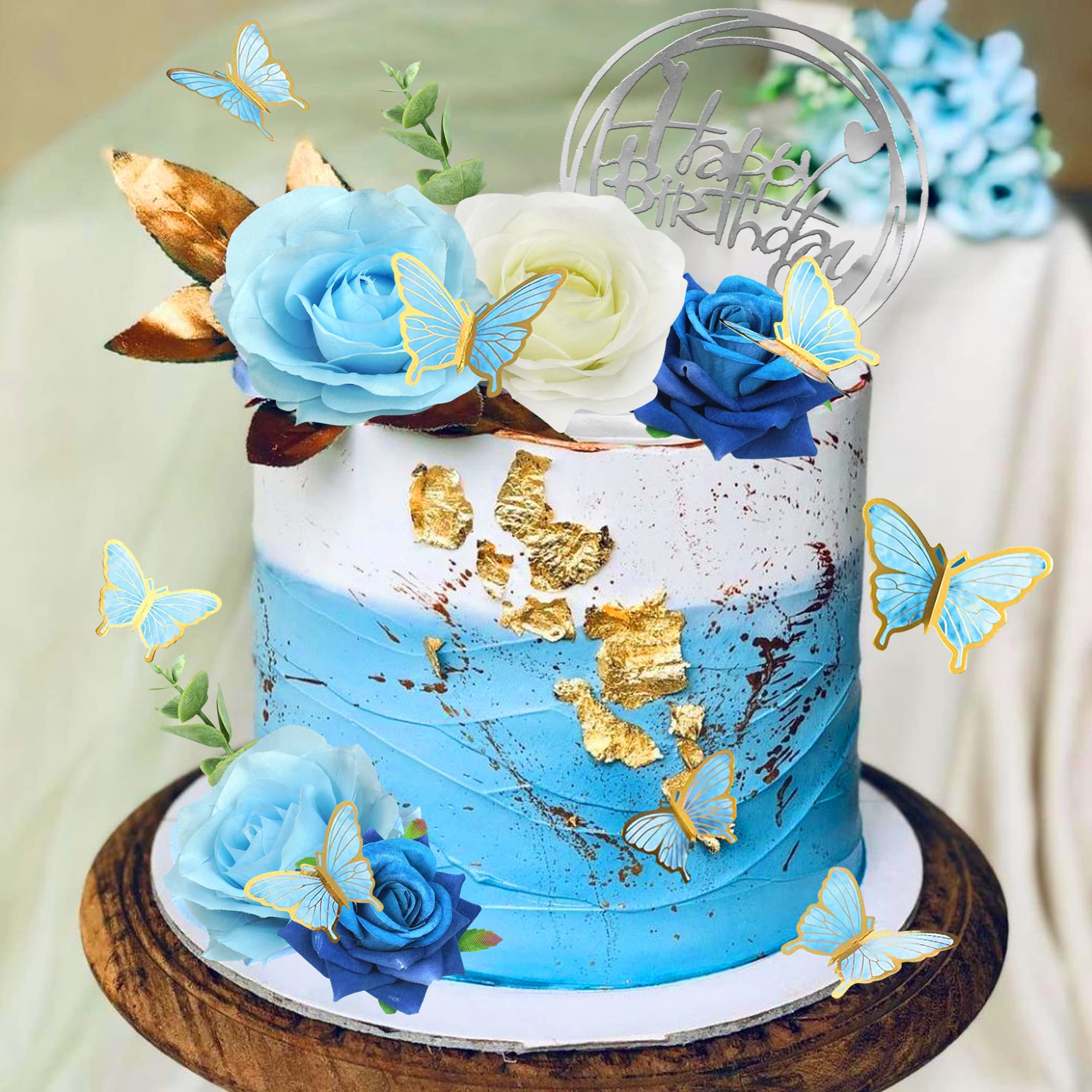 BANBALLON 19 PCS Flower Cake Toppers – Butterfly Happy Birthday Decor with Blue Roses & Eucalyptus