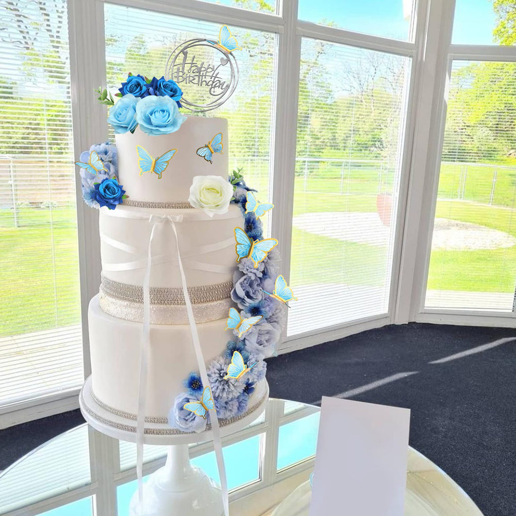 BANBALLON 19 PCS Flower Cake Toppers – Butterfly Happy Birthday Decor with Blue Roses & Eucalyptus