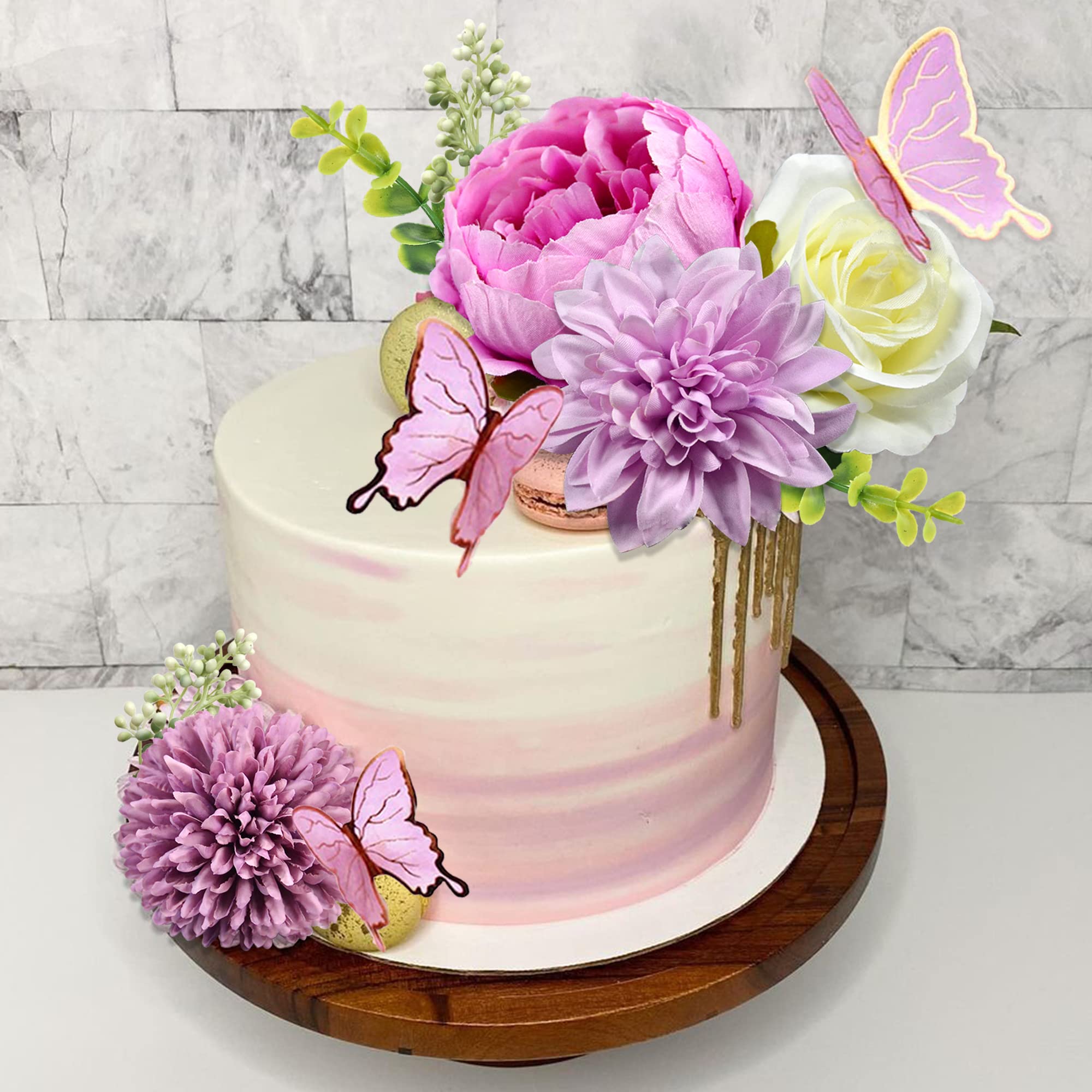 BANBALLON 14 Pcs Butterfly Cake Toppers with Purple Flowers – Happy Birthday & Event Decor