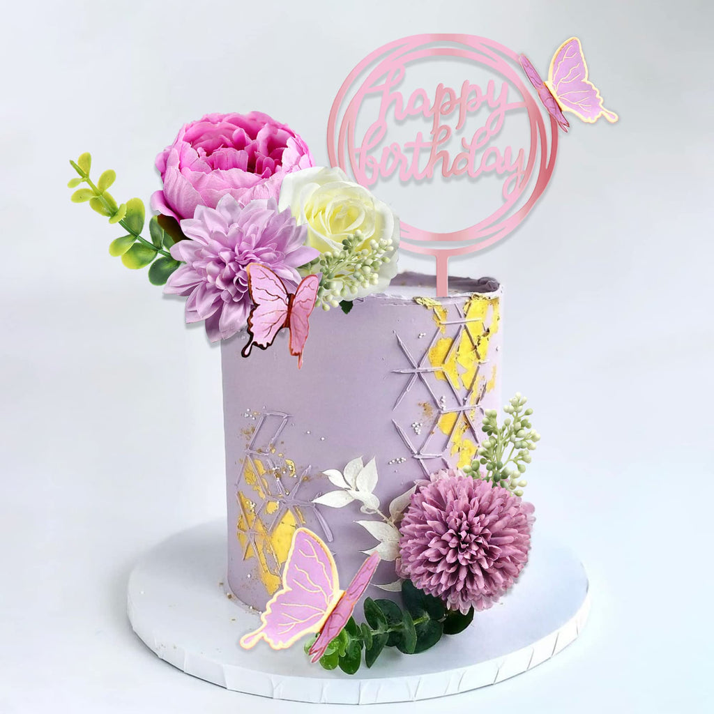 BANBALLON 14 Pcs Butterfly Cake Toppers with Purple Flowers – Happy Birthday & Event Decor