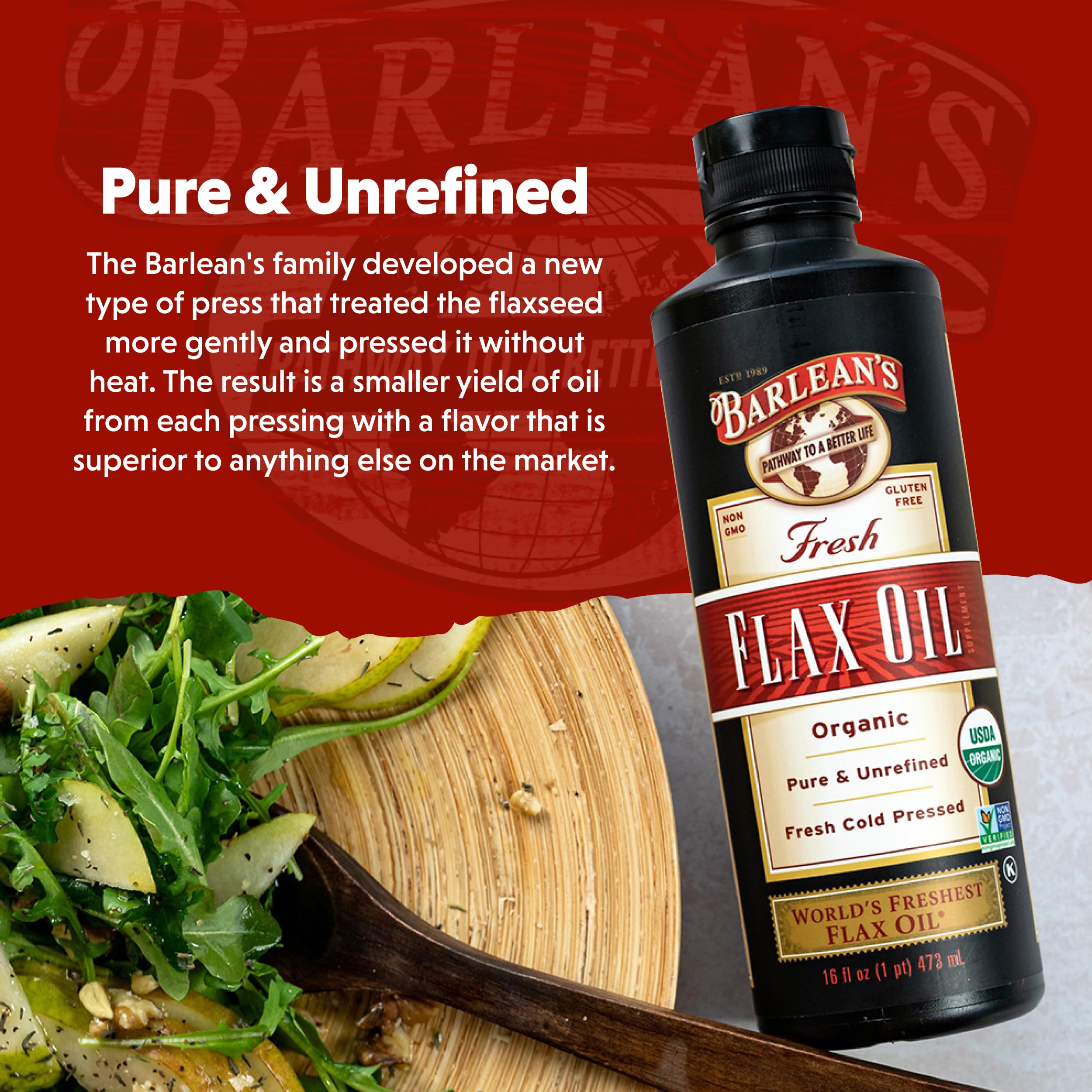 Barlean's Organic Flaxseed Oil Liquid Supplement – Cold-Pressed, 7,640 mg ALA Omega-3 per Tbsp, Vegan & Gluten Free, 32 oz