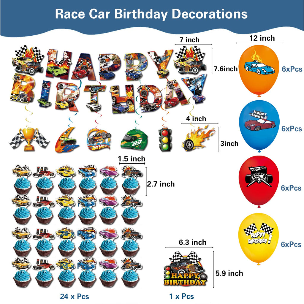 BASICF 58 Pcs Hot Car Birthday Party Supplies – Banner, Balloons, Backdrop & Cake Topper