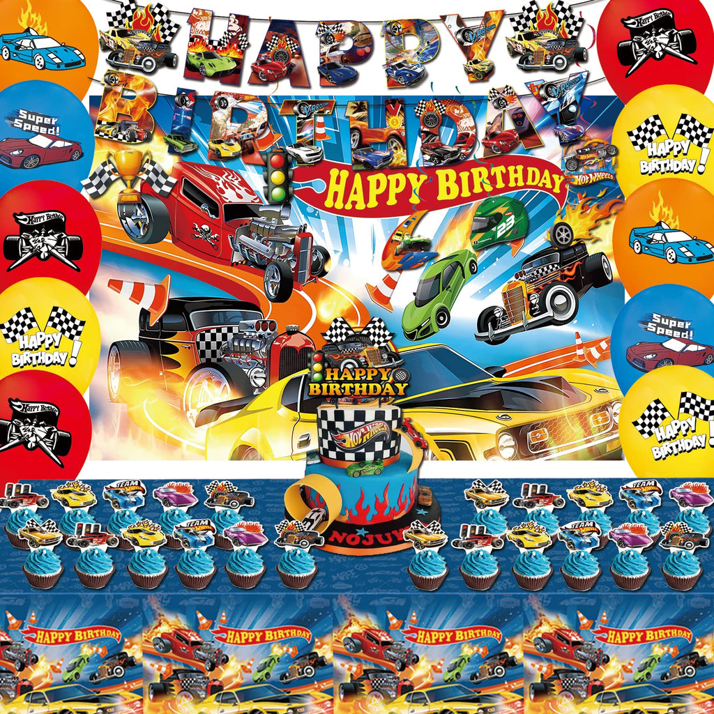 BASICF 58 Pcs Hot Car Birthday Party Supplies – Banner, Balloons, Backdrop & Cake Topper