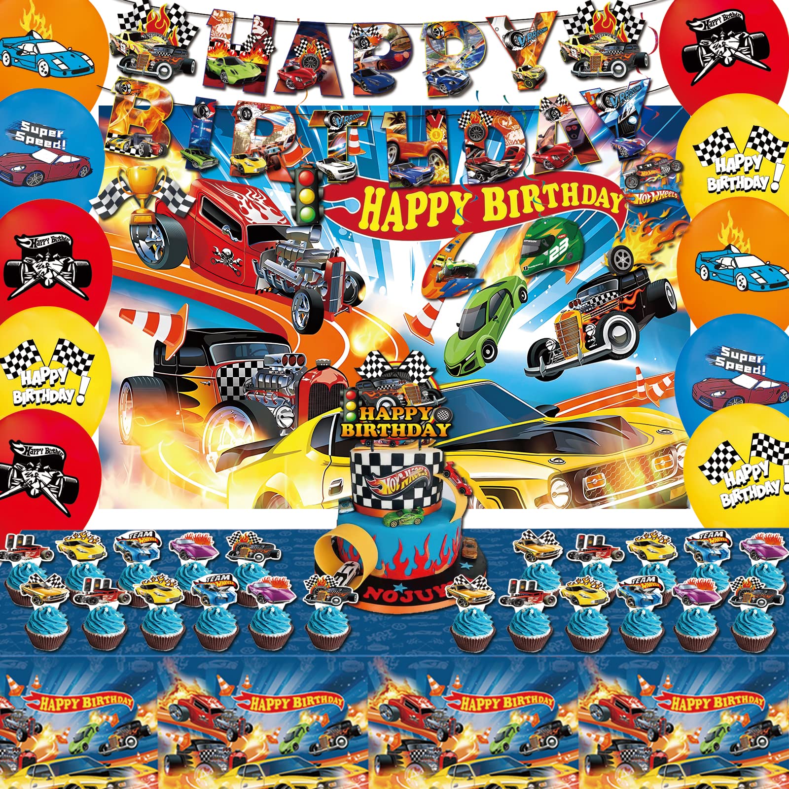 BASICF 58 Pcs Hot Car Birthday Party Supplies – Banner, Balloons, Backdrop & Cake Topper