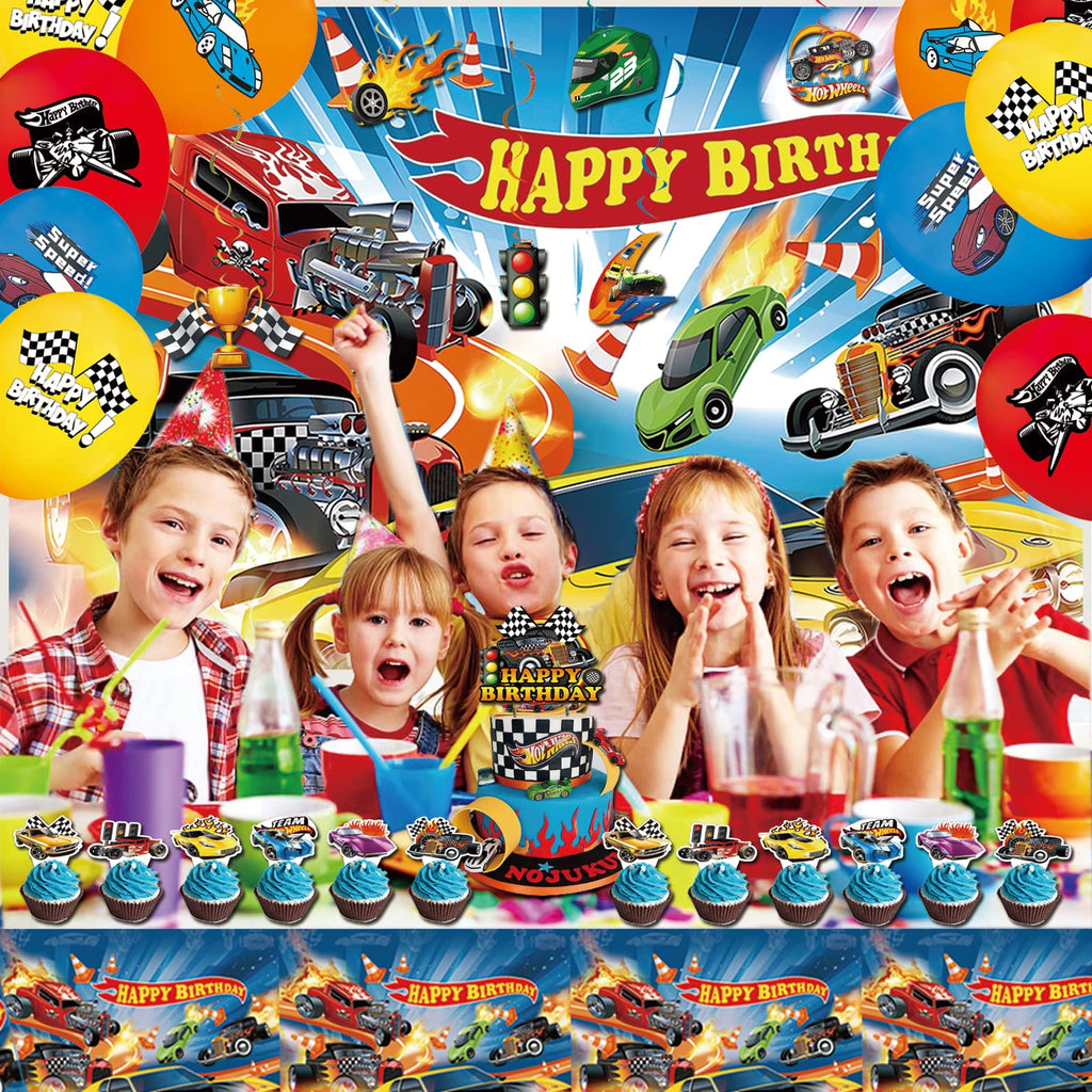 BASICF 58 Pcs Hot Car Birthday Party Supplies – Banner, Balloons, Backdrop & Cake Topper