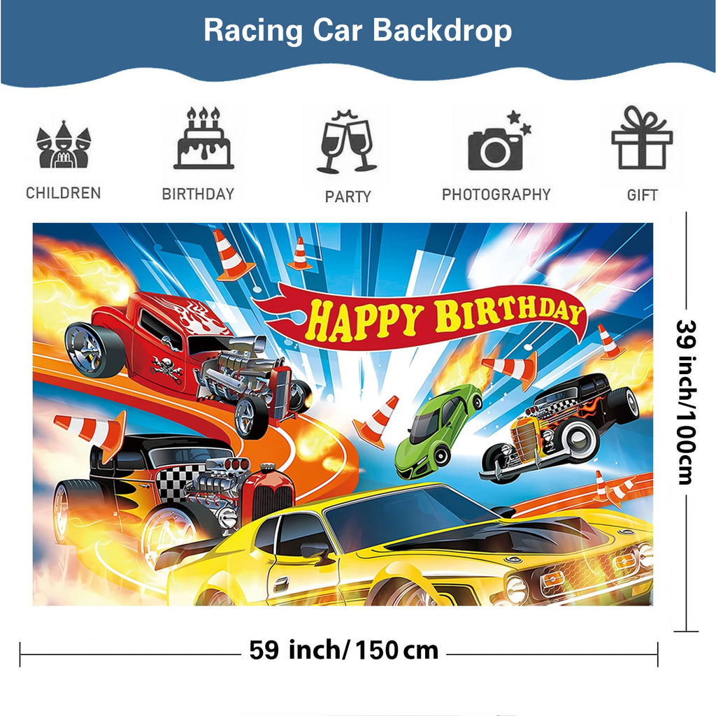 BASICF 58 Pcs Hot Car Birthday Party Supplies – Banner, Balloons, Backdrop & Cake Topper