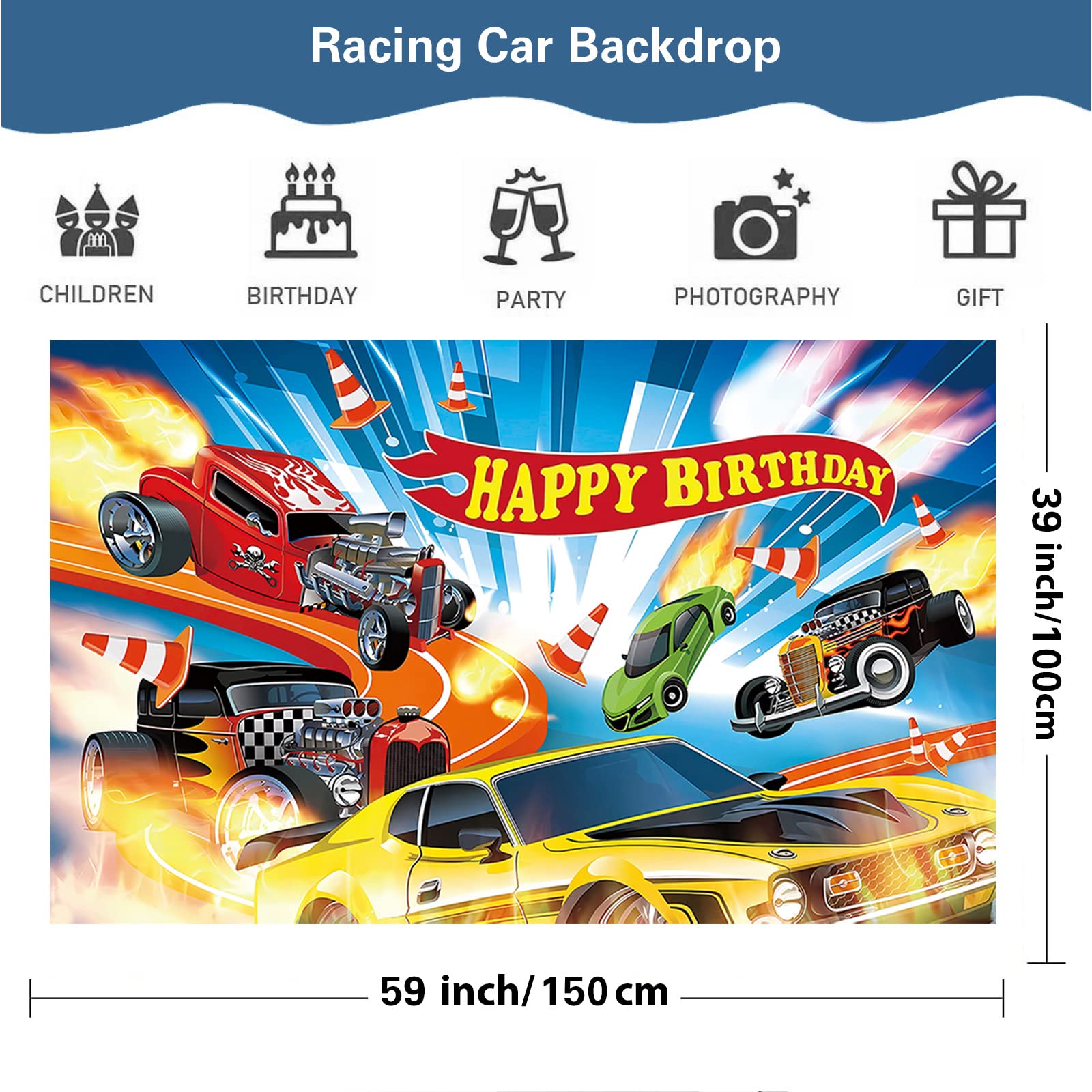 BASICF 58 Pcs Hot Car Birthday Party Supplies – Banner, Balloons, Backdrop & Cake Topper