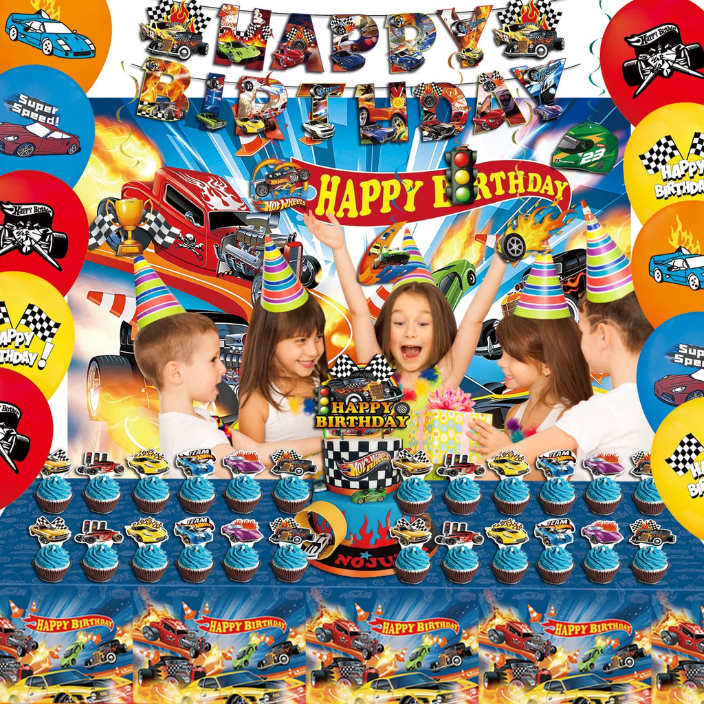 BASICF 58 Pcs Hot Car Birthday Party Supplies – Banner, Balloons, Backdrop & Cake Topper