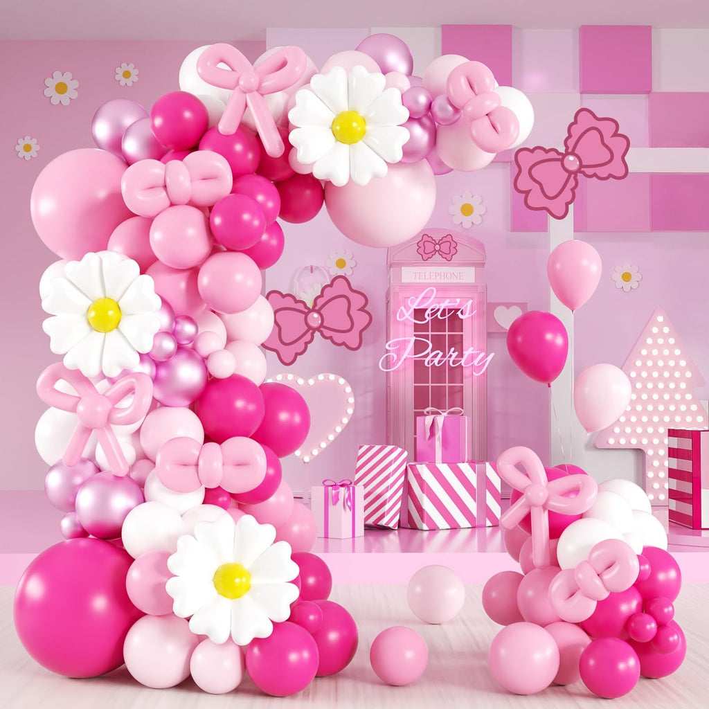 BAUANOOY 139pcs Pink Cat Balloon Arch Kit – Hot Pink & White Balloons with Flower Foil Balloons