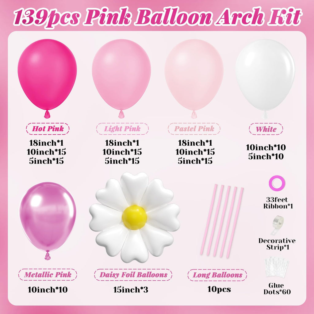 BAUANOOY 139pcs Pink Cat Balloon Arch Kit – Hot Pink & White Balloons with Flower Foil Balloons