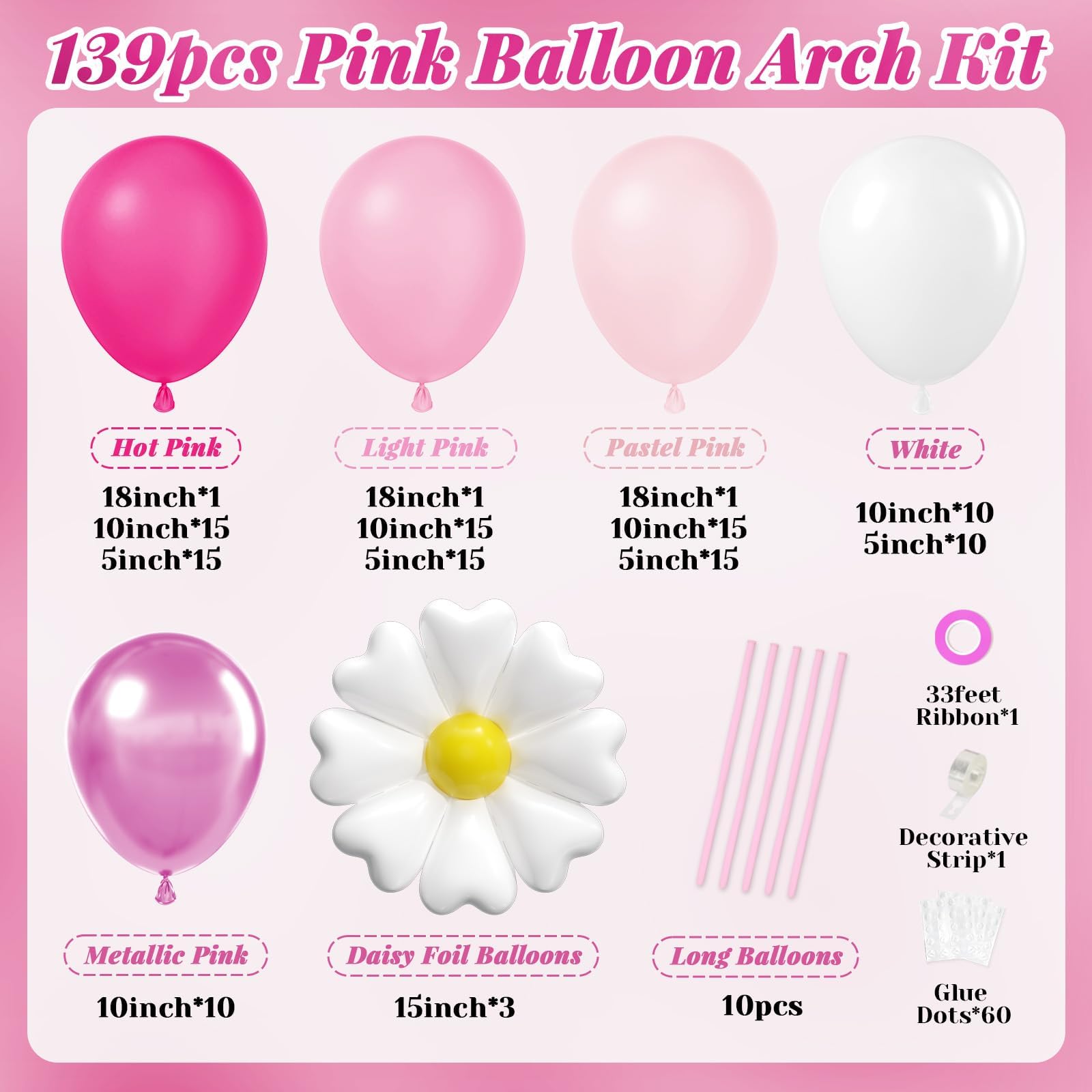 BAUANOOY 139pcs Pink Cat Balloon Arch Kit – Hot Pink & White Balloons with Flower Foil Balloons