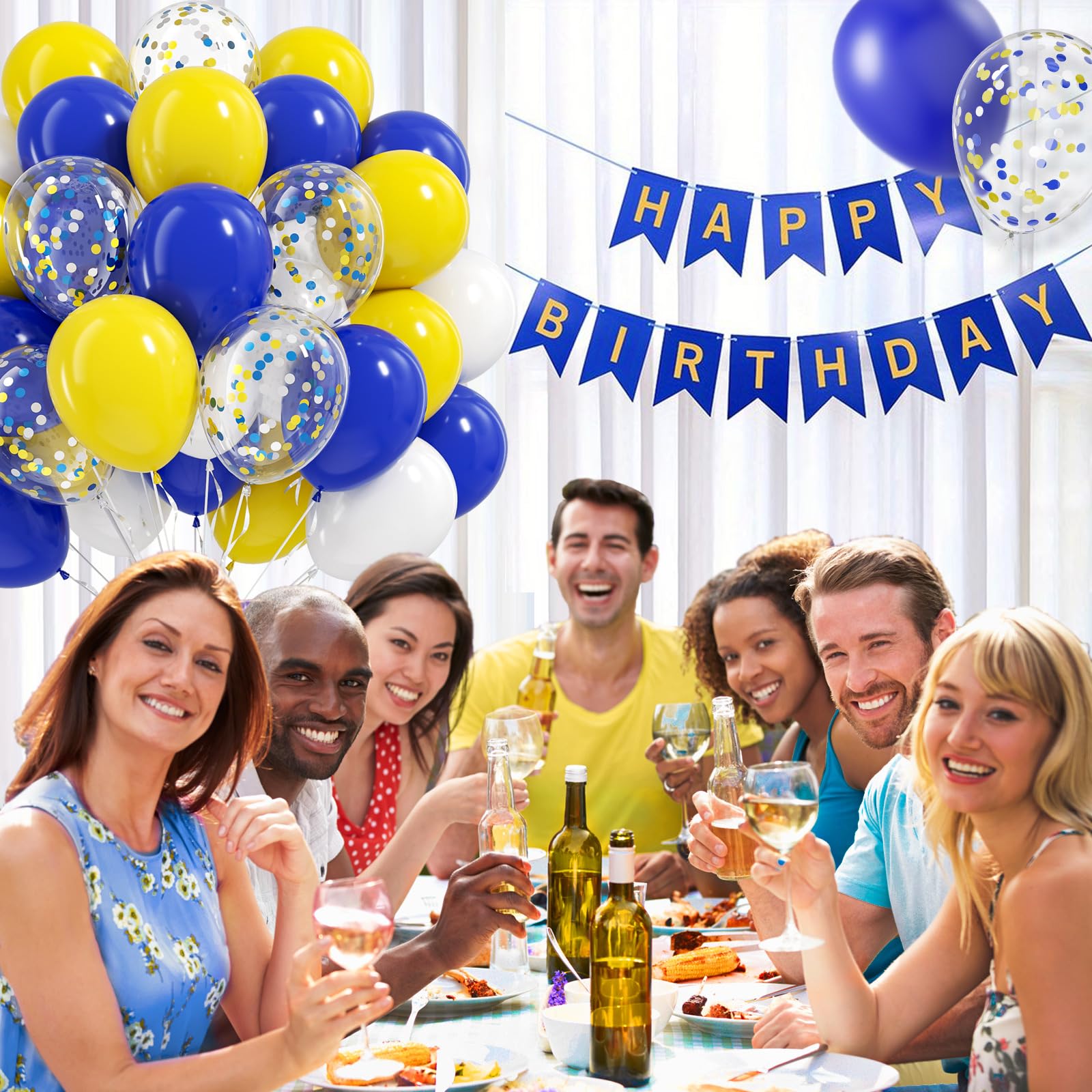 BAUANOOY Blue & Yellow Balloons - 60pcs 12-Inch Royal Blue, Yellow & White with Confetti