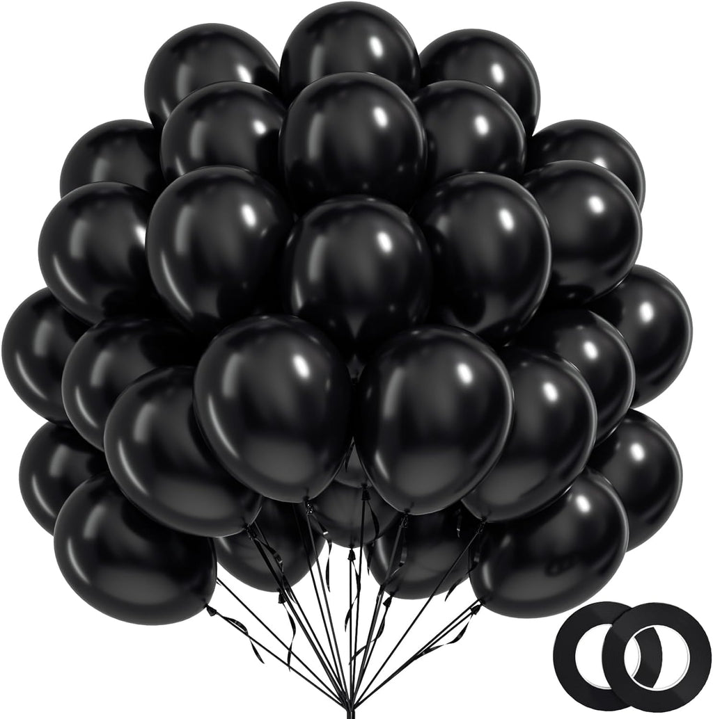 BAUANOOY 100pcs Black Balloons 12 Inch – Latex Balloons with Ribbon for Graduation, Birthday & Party Decorations