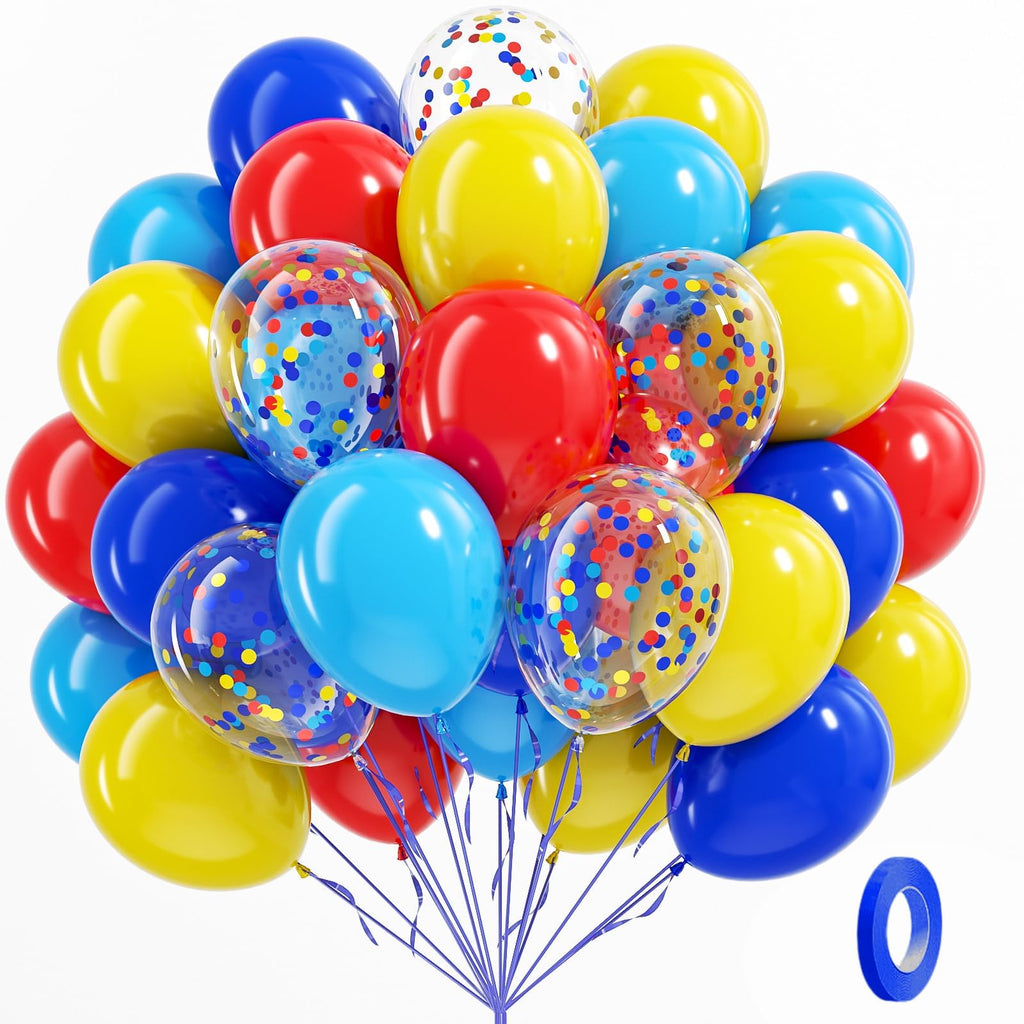 BAUANOOY Carnival Balloons - 60pcs 12in Latex Party Set (Red, Light Blue, Royal Blue & Yellow)