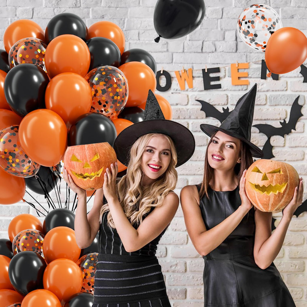 BAUANOOY 60pcs Orange & Black Halloween Balloons – 12in Latex Confetti Balloons for Ghost Party Decor