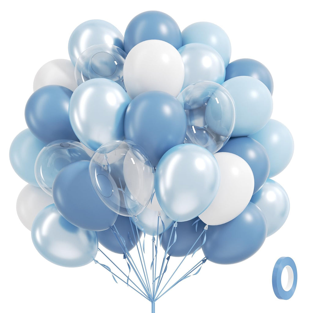 BAUANOOY 60pcs Dusty Blue Balloons Set – 12-inch Pastel Blue, Pearl Blue, White & Clear for Weddings, Baby Showers & Birthdays