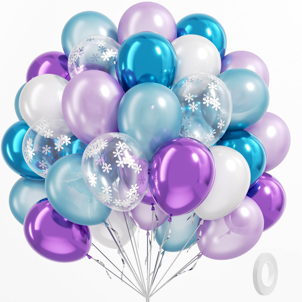 BAUANOOY Frozen Balloons – 60pc 12in Purple & Blue with Snowflake Confetti for Winter Parties