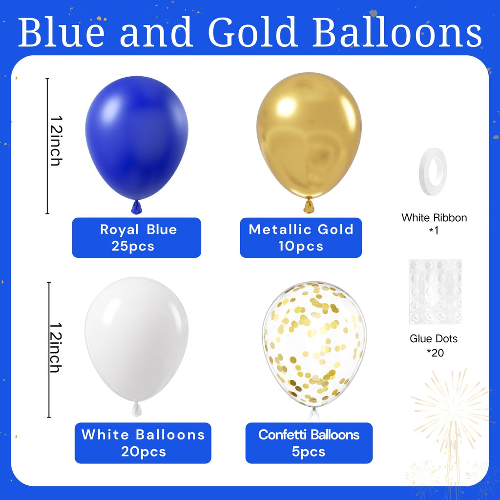 BAUANOOY Royal Blue Gold White Balloons – 60pcs, 12in Metallic Confetti