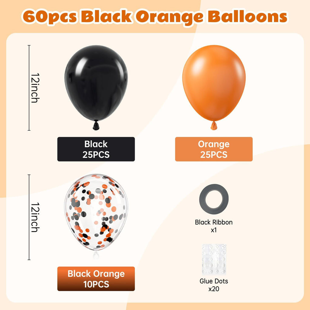 BAUANOOY 60pcs Orange & Black Halloween Balloons – 12in Latex Confetti Balloons for Ghost Party Decor