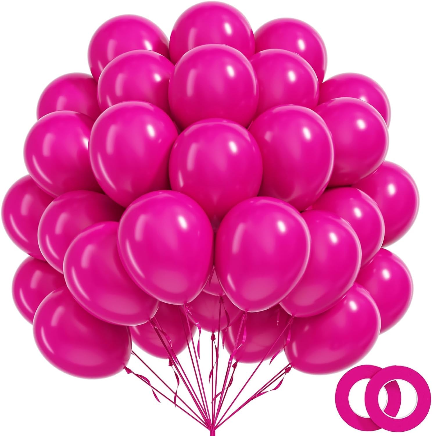 BAUANOOY 100pcs Hot Pink Balloons – 12" Latex with Pink Ribbon for Birthday & Wedding Decor