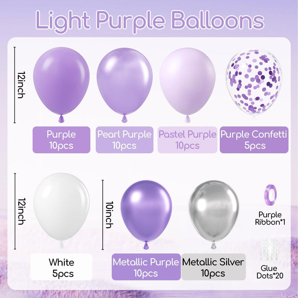 BAUANOOY 60pcs Purple & Silver Balloons Set — 12in Confetti, Pearl Purple, Metallic Silver for Weddings & Parties