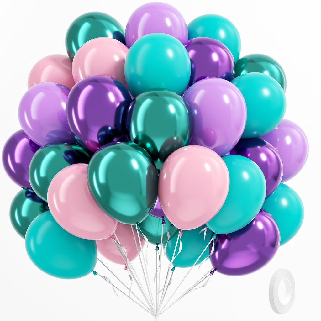 BAUANOOY Mermaid Balloons – 60pc 12in Metallic Latex Set for Under-the-Sea Parties