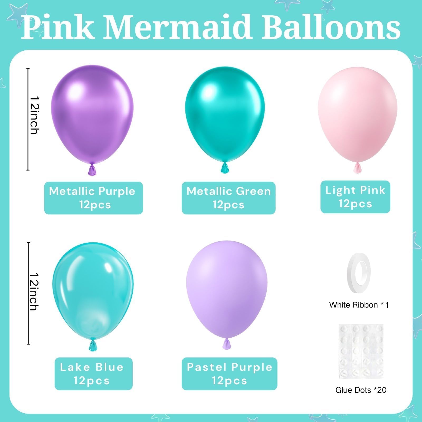 BAUANOOY Mermaid Balloons – 60pc 12in Metallic Latex Set for Under-the-Sea Parties