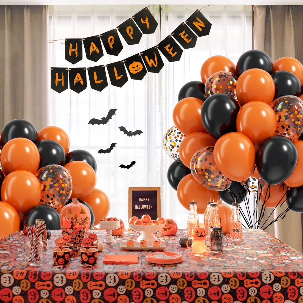 BAUANOOY 60pcs Orange & Black Halloween Balloons – 12in Latex Confetti Balloons for Ghost Party Decor