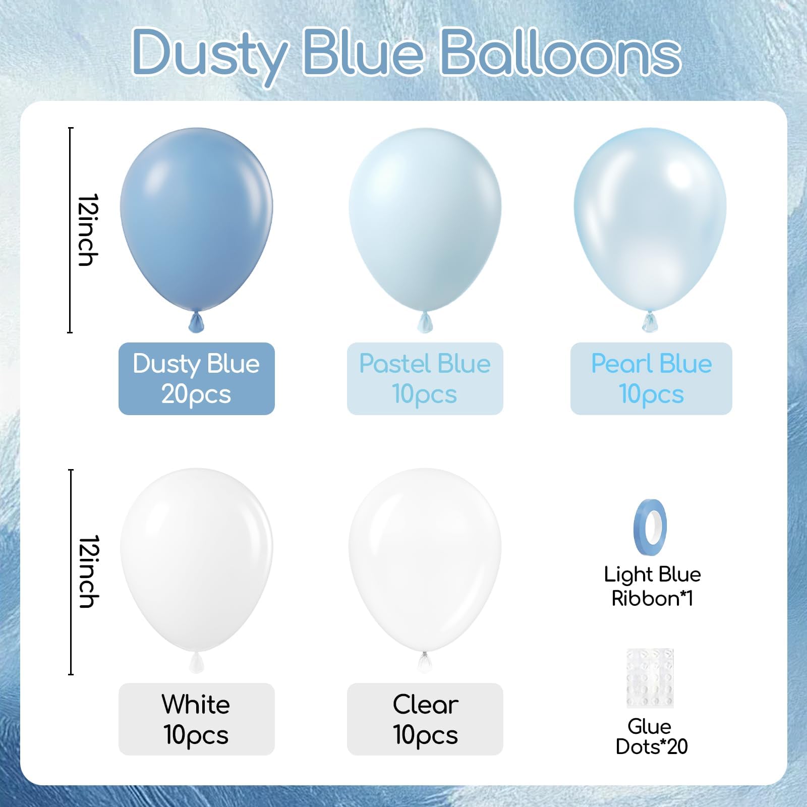 BAUANOOY 60pcs Dusty Blue Balloons Set – 12-inch Pastel Blue, Pearl Blue, White & Clear for Weddings, Baby Showers & Birthdays