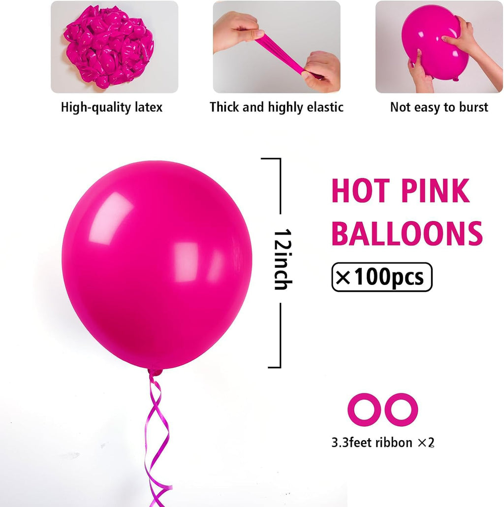 BAUANOOY 100pcs Hot Pink Balloons – 12" Latex with Pink Ribbon for Birthday & Wedding Decor