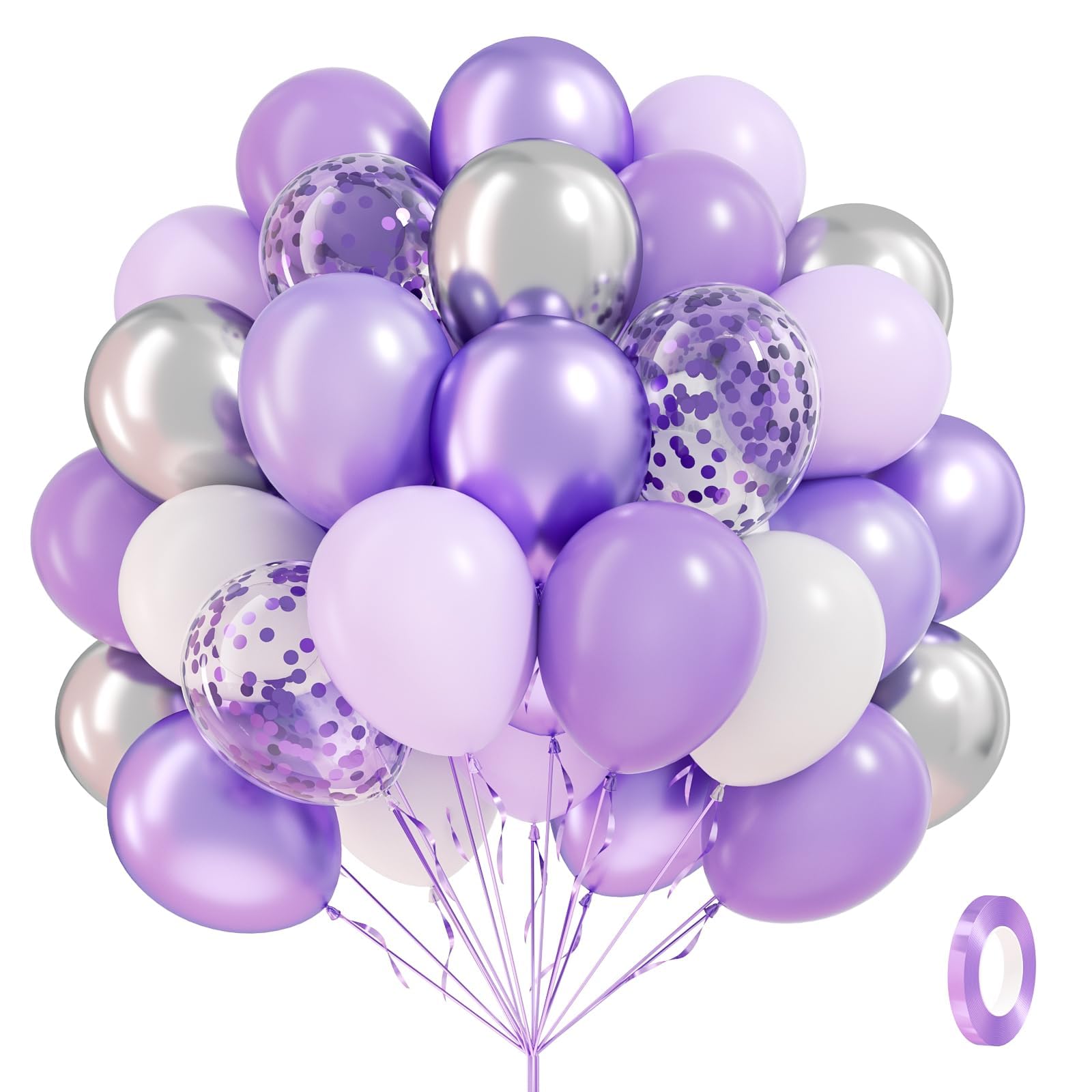 BAUANOOY 60pcs Purple & Silver Balloons Set — 12in Confetti, Pearl Purple, Metallic Silver for Weddings & Parties