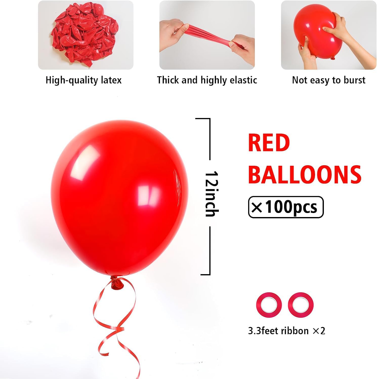 BAUANOOY 100pcs Red Balloons 12 Inch with Ribbon – Party Decorations