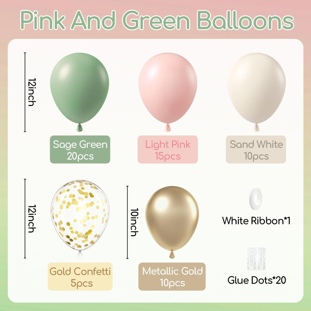 BAUANOOY 60pcs Pink & Green Balloons Kit for Boho Baby Shower & Birthday Decor