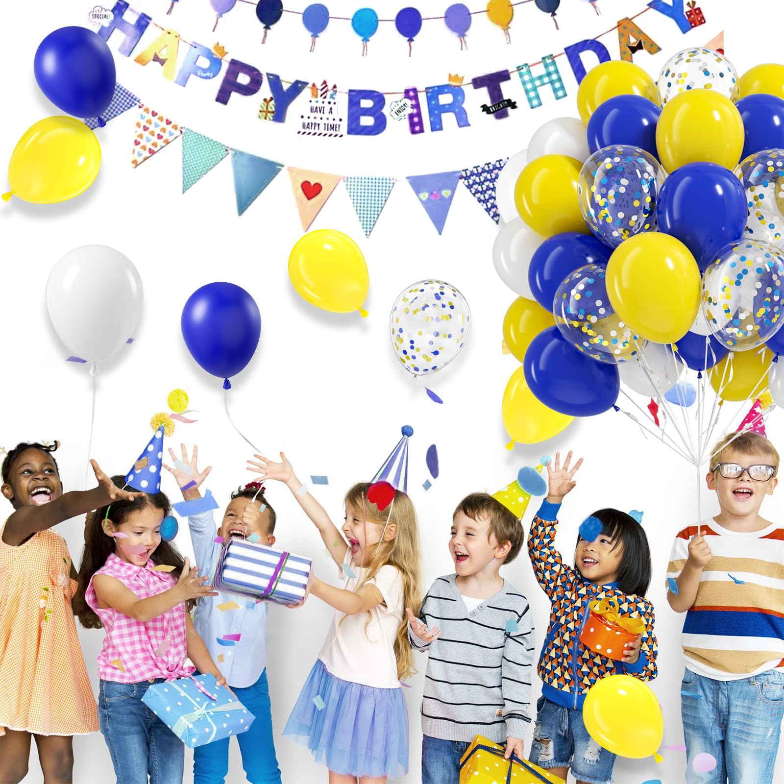 BAUANOOY Blue & Yellow Balloons - 60pcs 12-Inch Royal Blue, Yellow & White with Confetti