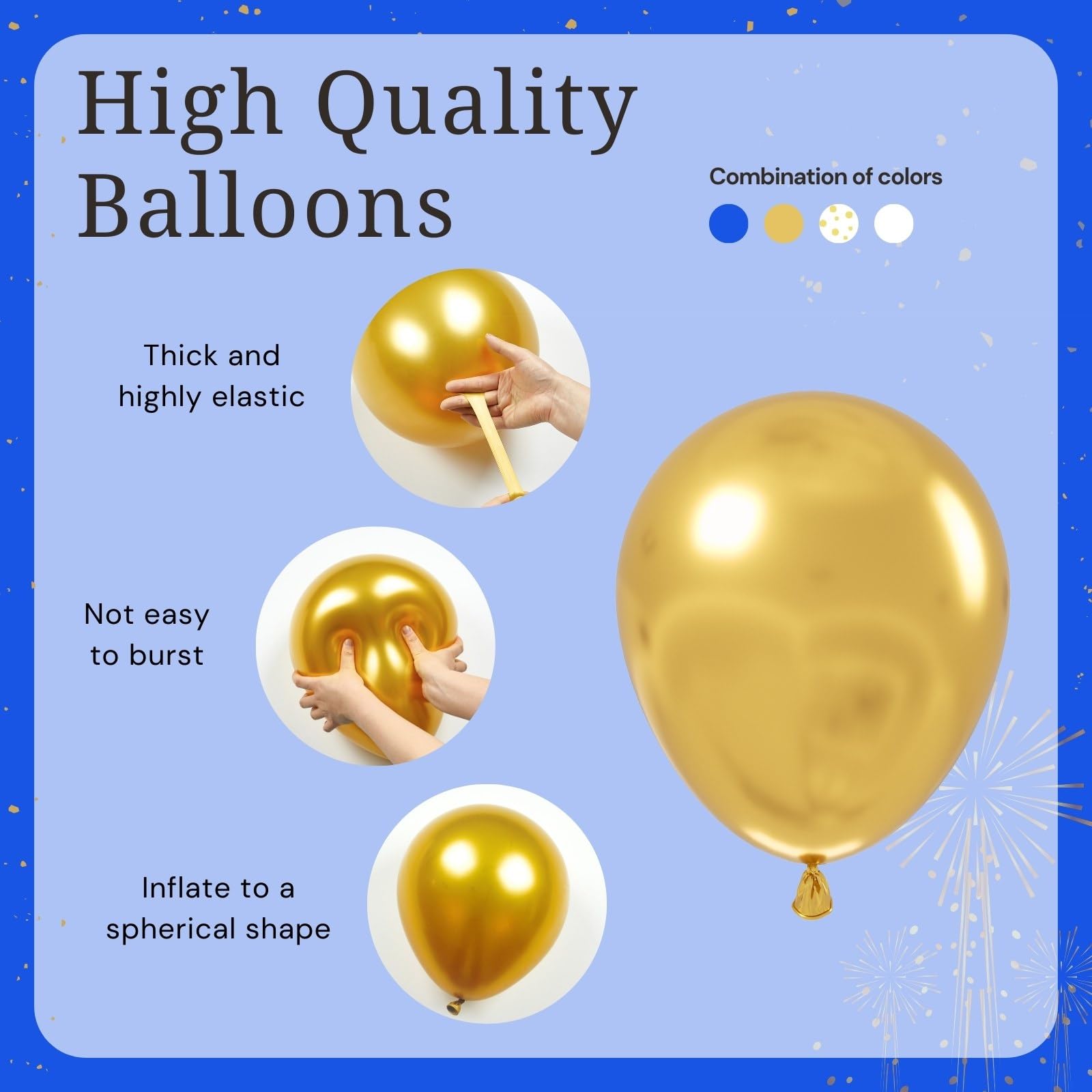 BAUANOOY Royal Blue Gold White Balloons – 60pcs, 12in Metallic Confetti