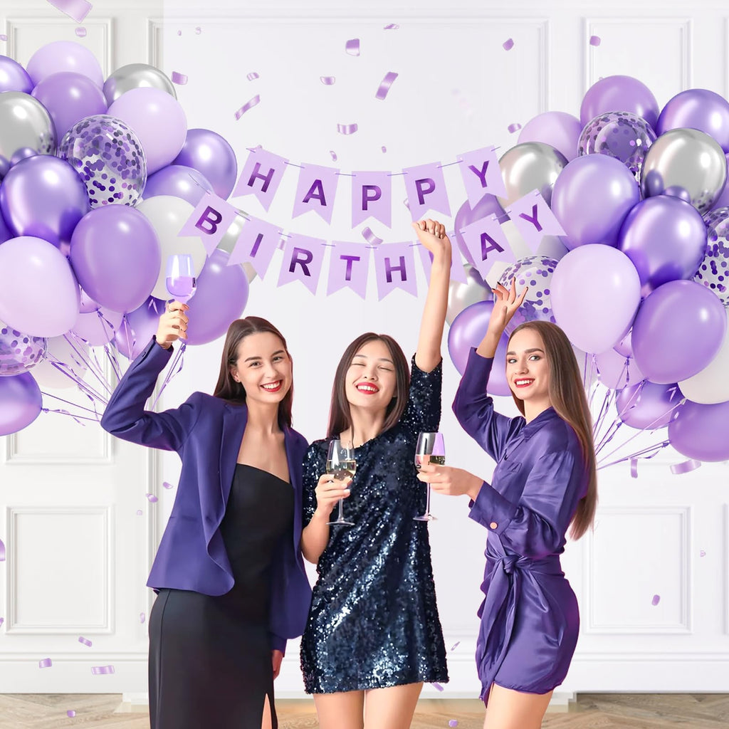 BAUANOOY 60pcs Purple & Silver Balloons Set — 12in Confetti, Pearl Purple, Metallic Silver for Weddings & Parties