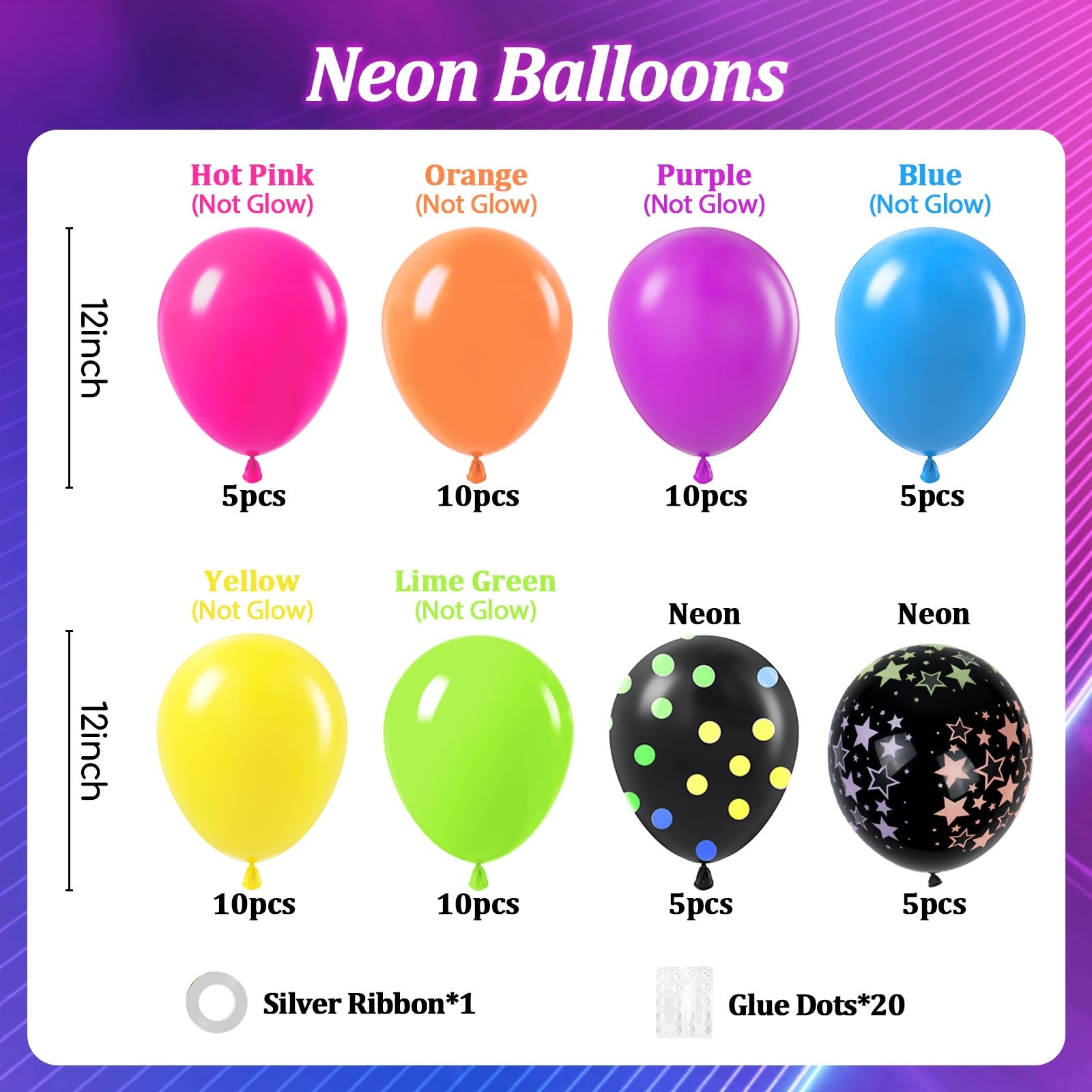 BAUANOOY 60pcs Neno Balloons 12in Neon Rainbow Set – Yellow, Pink, Lime Green, Orange, Blue, Purple for 80s/90s Neon Parties