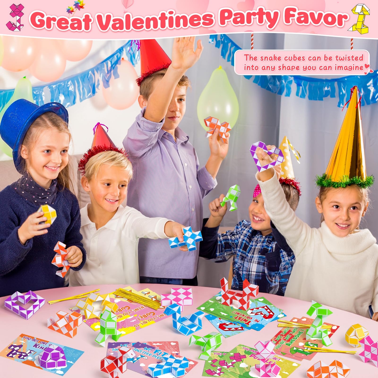 BAYSING Valentines Cards for Kids Classroom – 28 Twist Snake Cube Toys with Cards | Party Favors