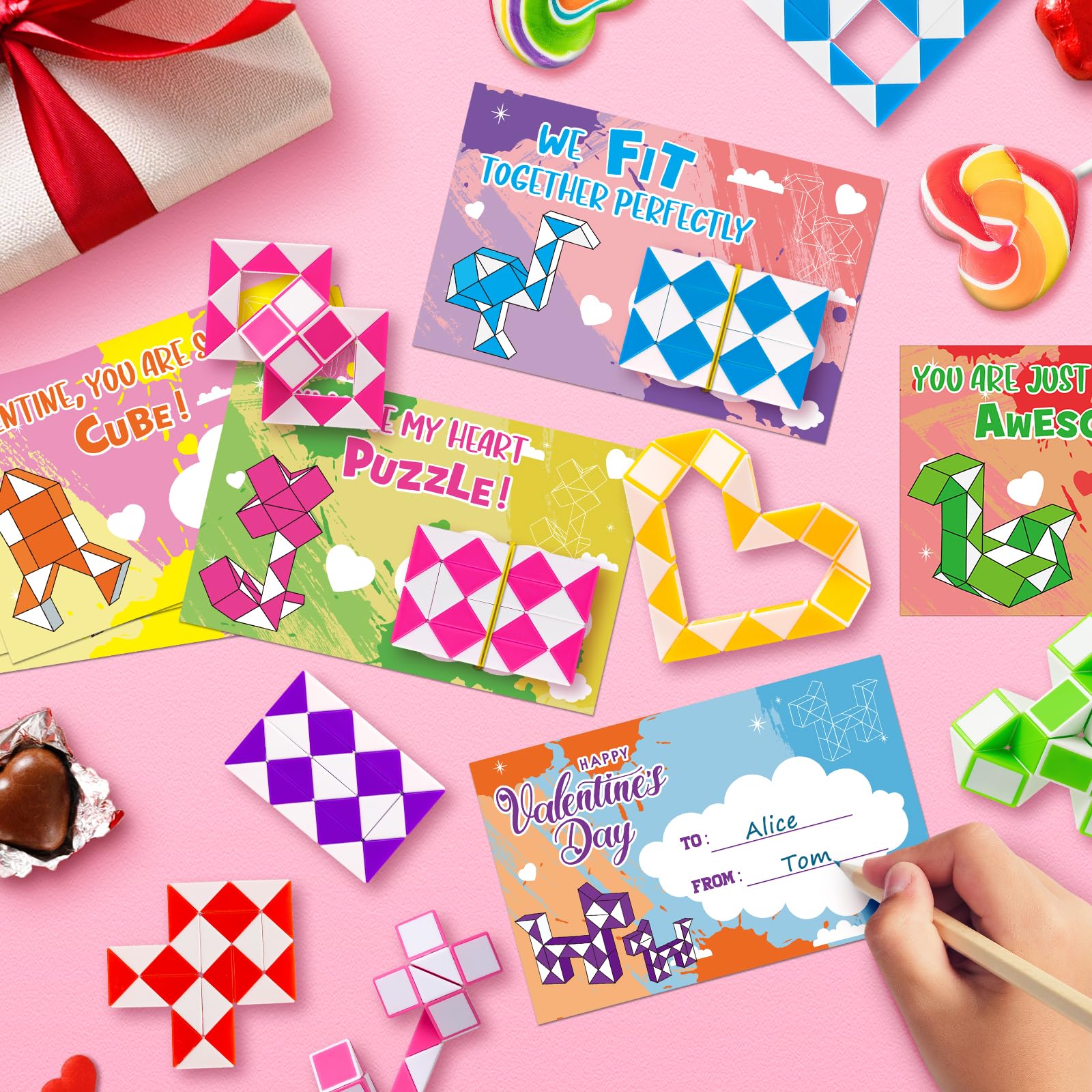 BAYSING Valentines Cards for Kids Classroom – 28 Twist Snake Cube Toys with Cards | Party Favors