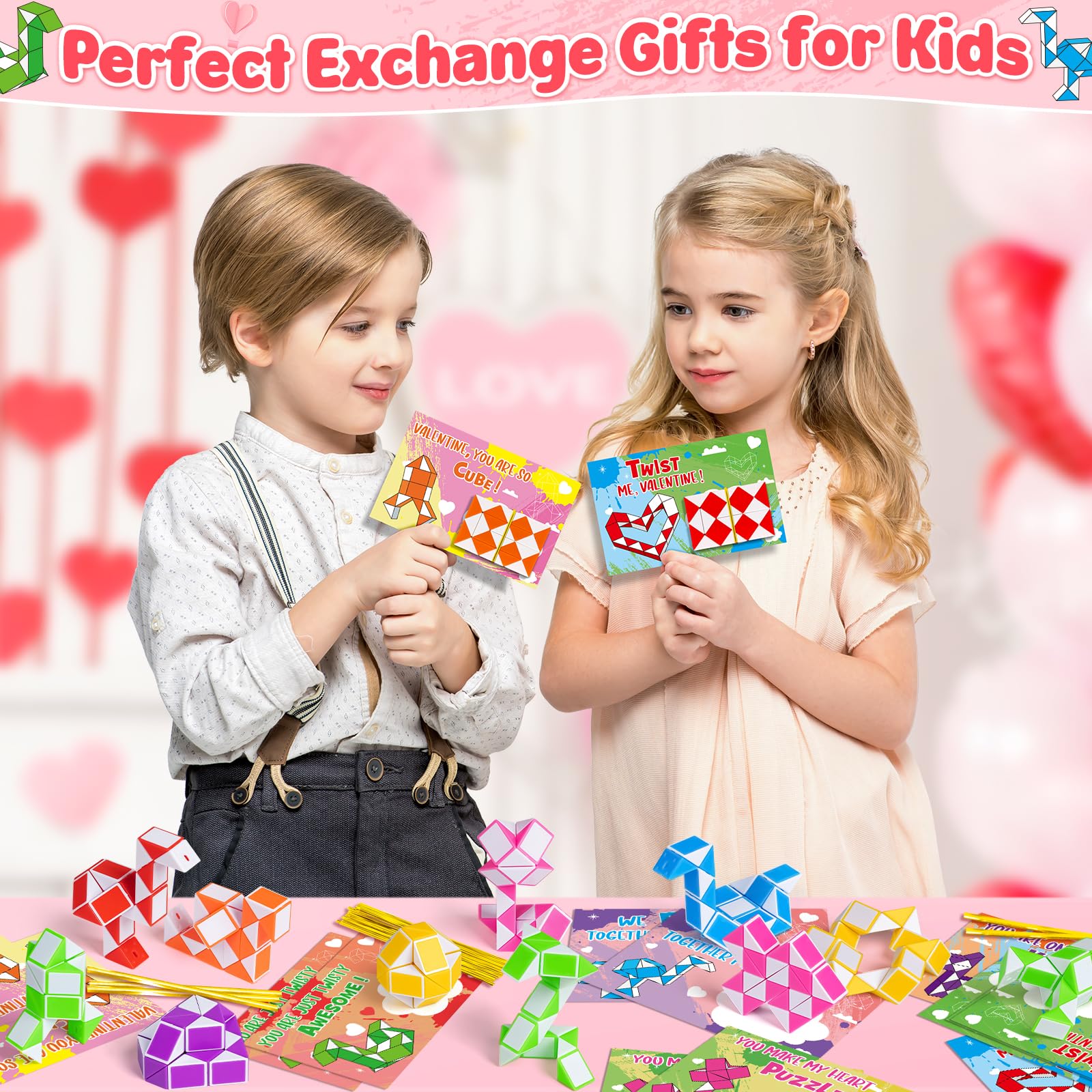 BAYSING Valentines Cards for Kids Classroom – 28 Twist Snake Cube Toys with Cards | Party Favors
