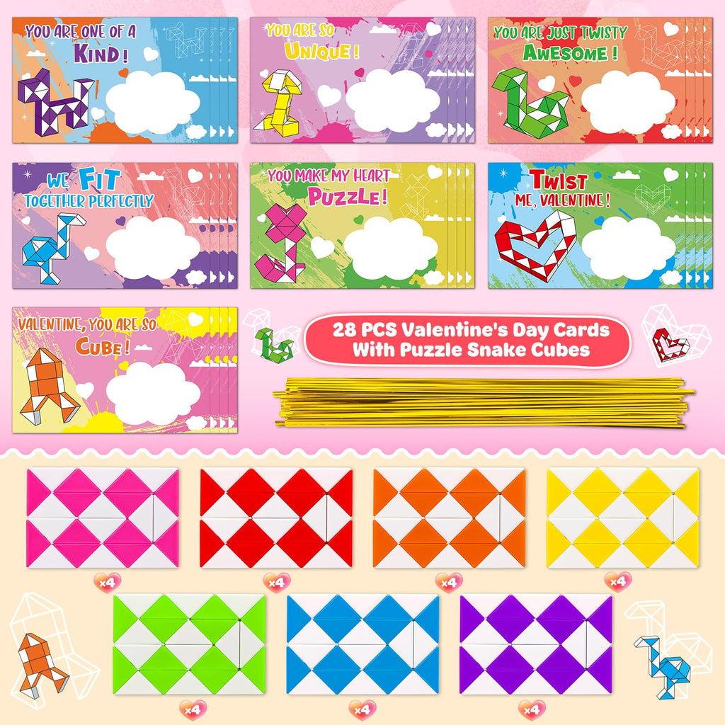 BAYSING Valentines Cards for Kids Classroom – 28 Twist Snake Cube Toys with Cards | Party Favors