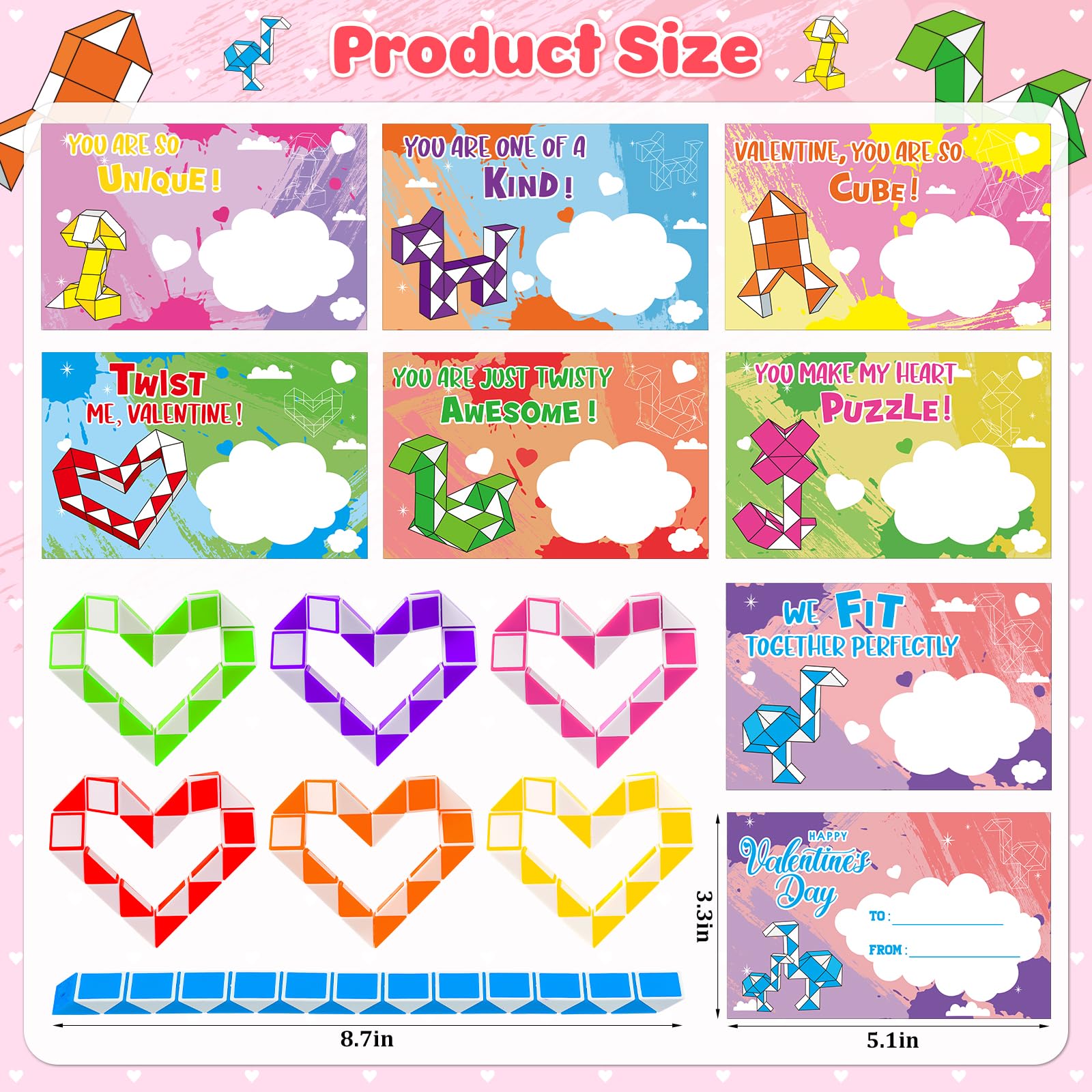 BAYSING Valentines Cards for Kids Classroom – 28 Twist Snake Cube Toys with Cards | Party Favors
