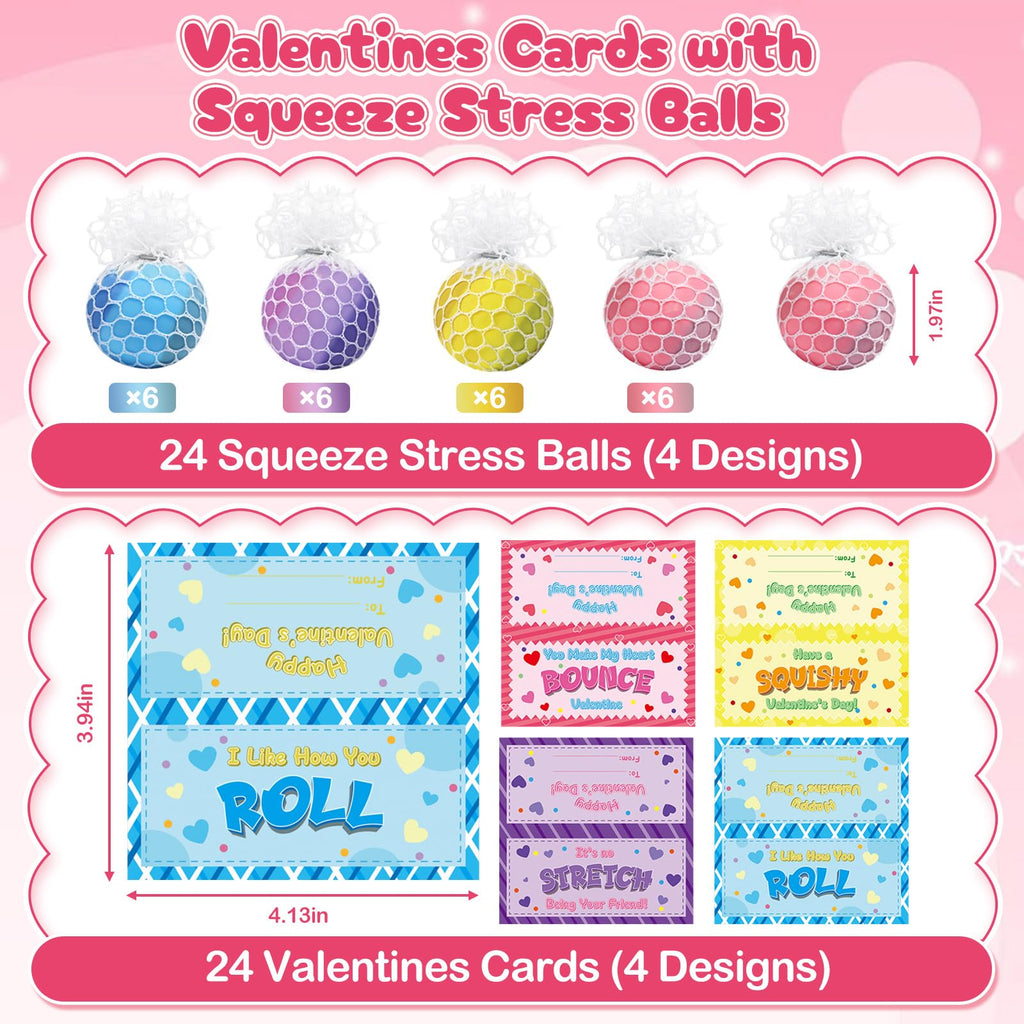 BAYSING Valentines Day Cards for Kids – 24-Pack Stress Relief Balls, Classroom Exchange & Party Favors