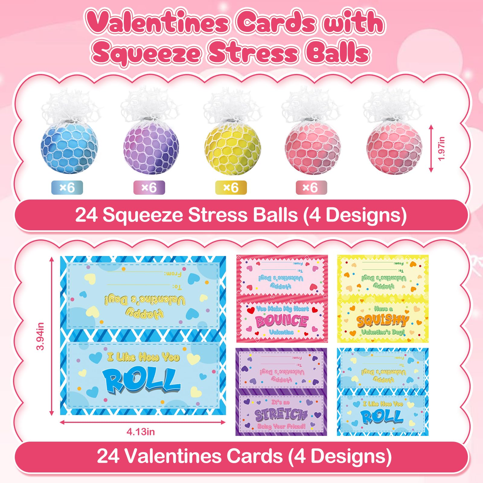 BAYSING Valentines Day Cards for Kids – 24-Pack Stress Relief Balls, Classroom Exchange & Party Favors