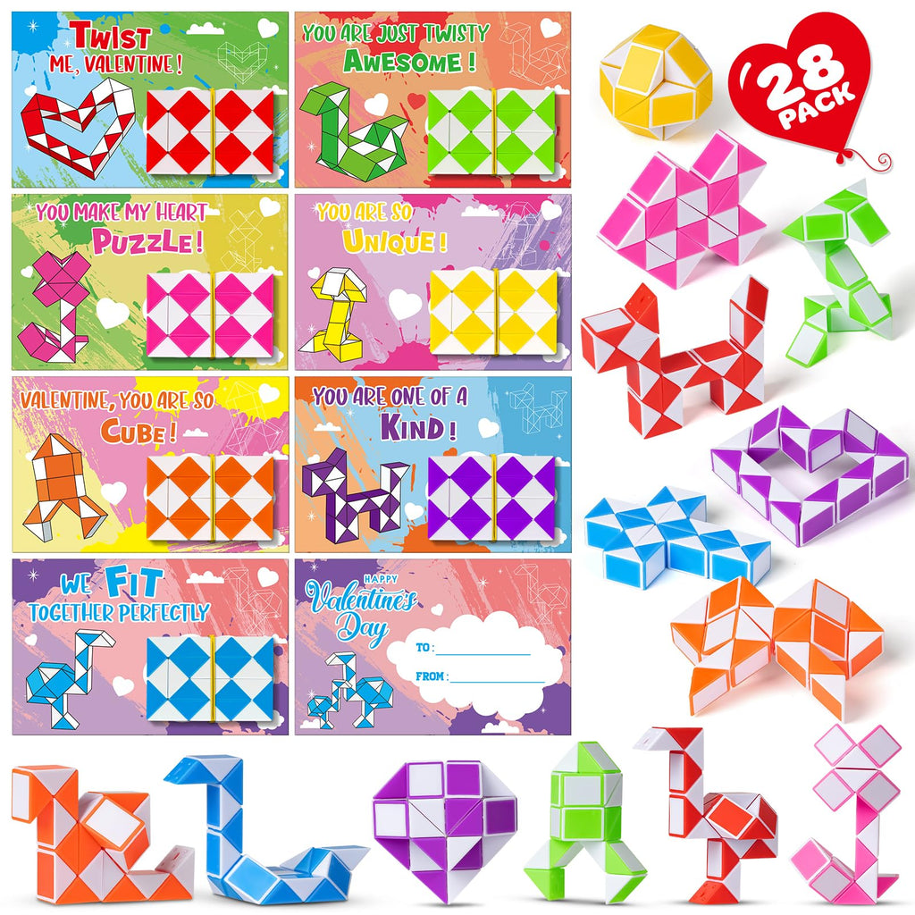 BAYSING Valentines Cards for Kids Classroom – 28 Twist Snake Cube Toys with Cards | Party Favors