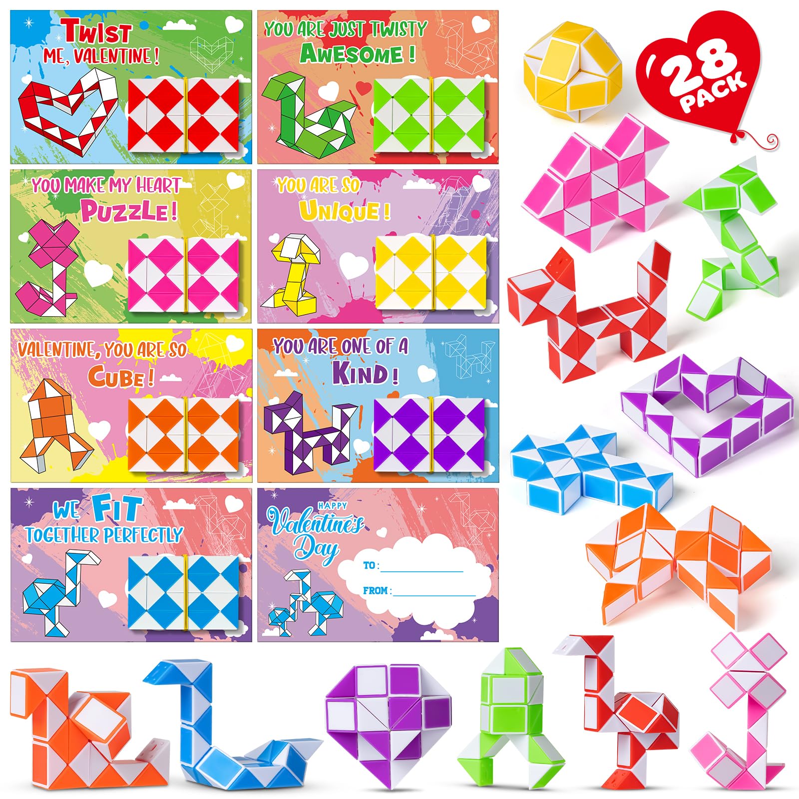 BAYSING Valentines Cards for Kids Classroom – 28 Twist Snake Cube Toys with Cards | Party Favors