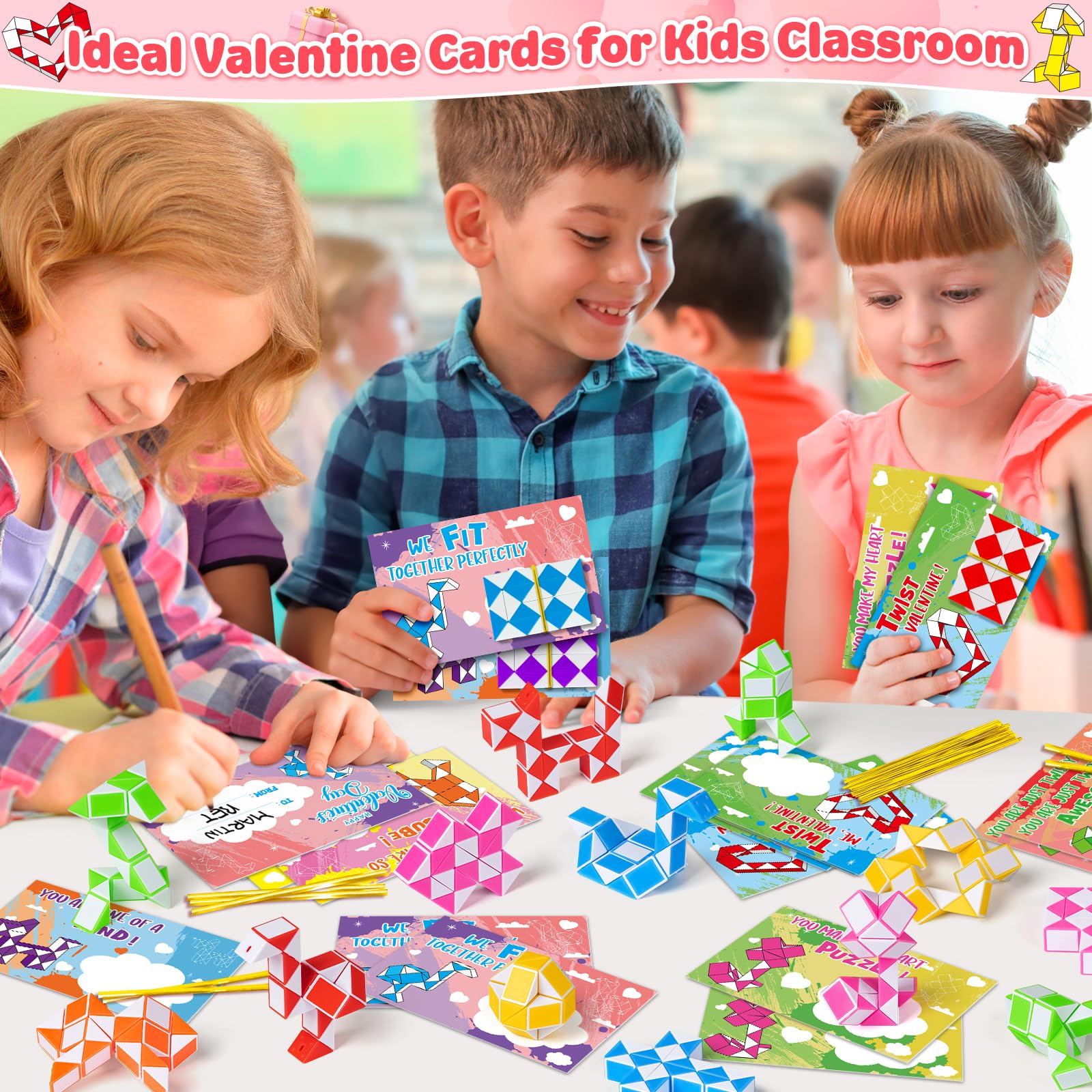 BAYSING Valentines Cards for Kids Classroom – 28 Twist Snake Cube Toys with Cards | Party Favors